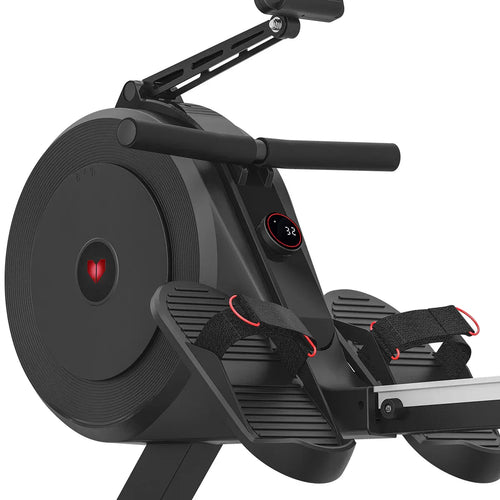 Close-up of the rowing machine's handle and footrests showcasing dual air/magnetic resistance features.
