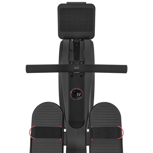 Top view of a rowing machine showing the handle and foot pedals, featuring dual air/magnetic resistance.