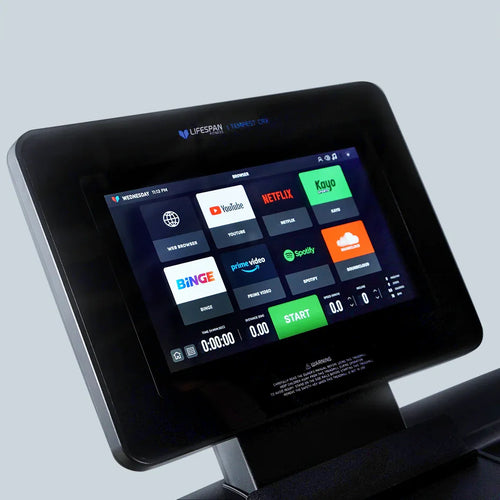 Lifespan Tempest CRX Smart TFT display screen of Commercial Treadmill with apps like Netflix and YouTube.