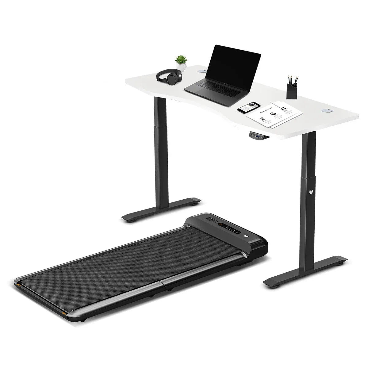 Walking Pad Treadmill with ErgoDesk Automatic Standing Desk setup for home or office work.