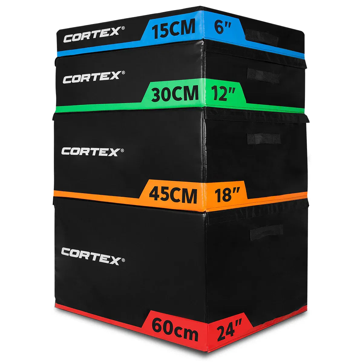 Plyo Box Set – Stackable Soft boxes in multiple heights from Cortex, ranging from 15cm to 60cm, ideal for workouts.