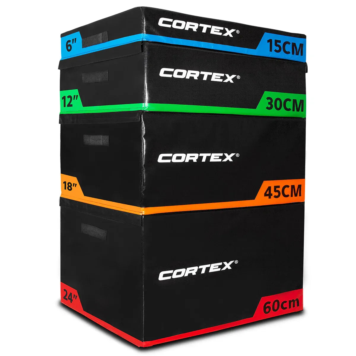 Stackable Plyo Box Set featuring heights of 15cm, 30cm, 45cm, and 60cm from Cortex for effective workouts.