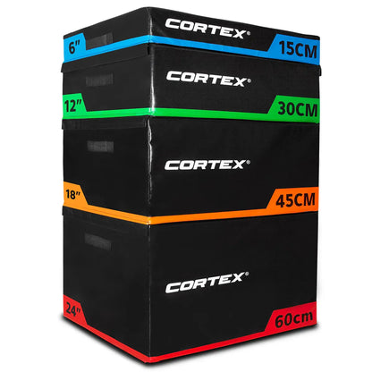 Stackable Plyo Box Set featuring heights of 15cm, 30cm, 45cm, and 60cm from Cortex for effective workouts.