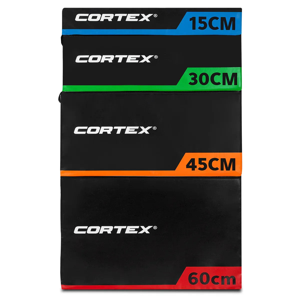 Stackable plyo box set from Cortex, featuring heights of 15CM, 30CM, 45CM, and 60CM for versatile training.