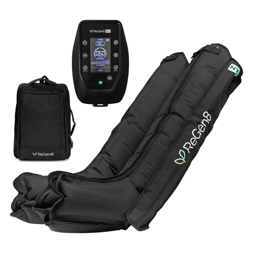 Compression Recovery Boots by ReGen8 with control unit and carry bag for effective muscle recovery.