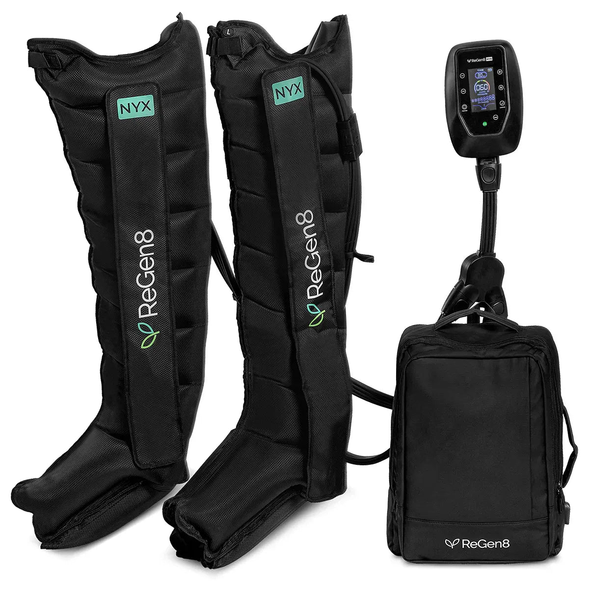 Compression Recovery Boots by ReGen8 Nyx in black with control unit and carrying bag for effective recovery.