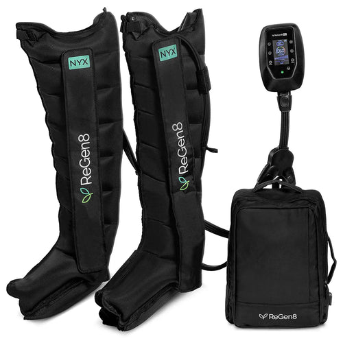 Compression Recovery Boots by ReGen8 Nyx in black with control unit and carrying bag for effective recovery.