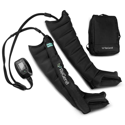 ReGen8 Nyx 8-Chamber Medium Compression Recovery Boots with controller and carry bag for faster muscle recovery.