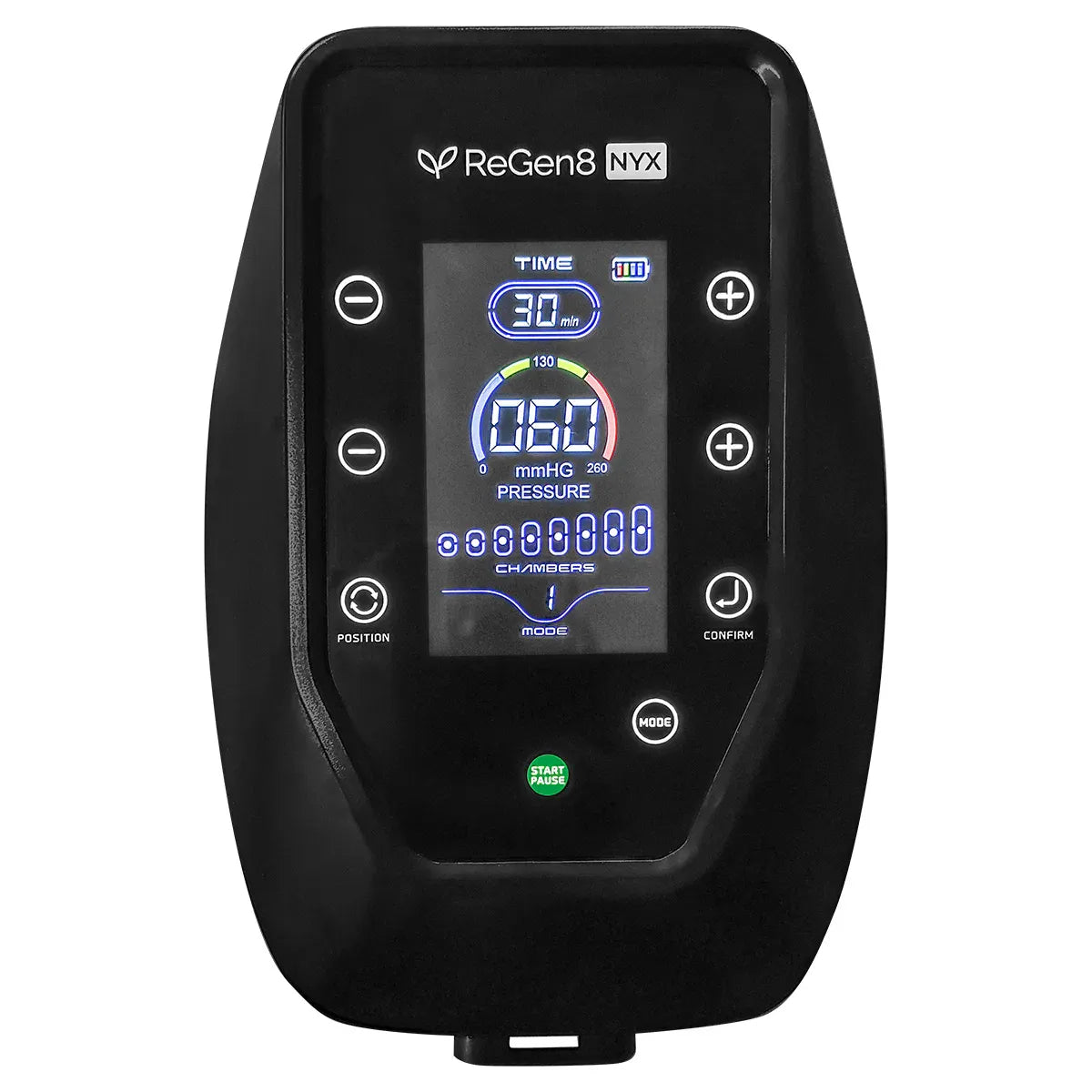 Control panel for ReGen8 Nyx Compression Recovery Boots with digital display and settings options.