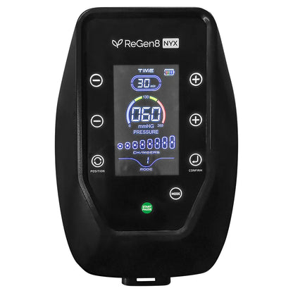 Control panel for ReGen8 Nyx Compression Recovery Boots with digital display and settings options.