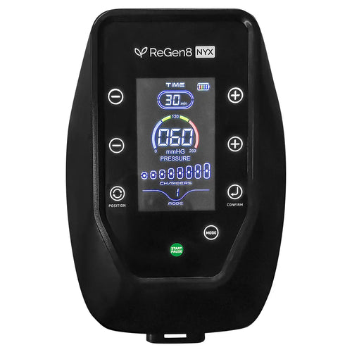 Control panel for ReGen8 Nyx Compression Recovery Boots with digital display and settings options.