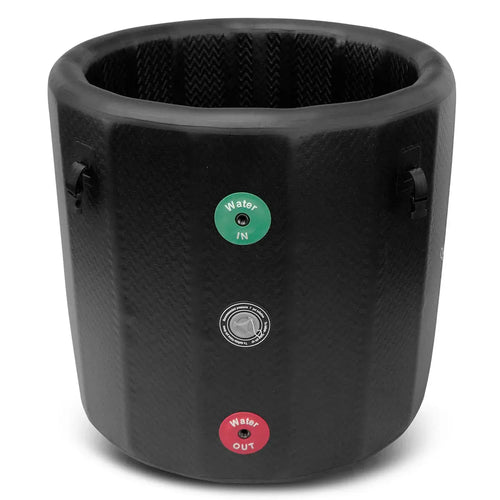 Cold Plunge Ice Bath with T1 Chiller from ReGen8 PolarBarrel, featuring Water In and Water Out controls.