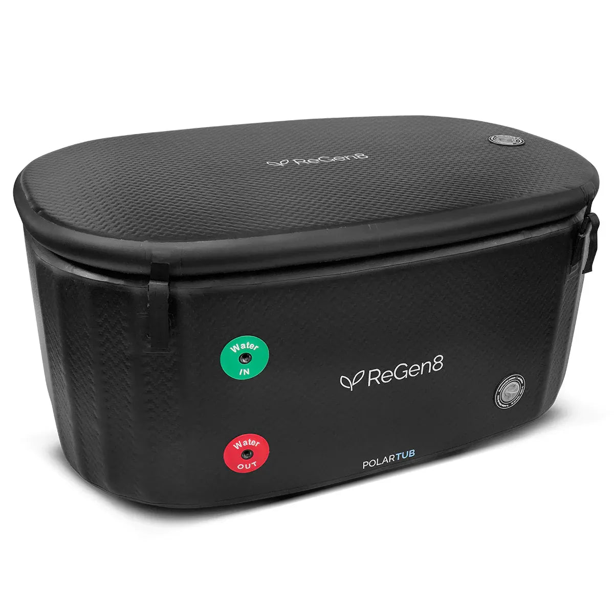 ReGen8 PolarTub Cold Plunge Ice Bath with controls for water flow and temperature adjustment.