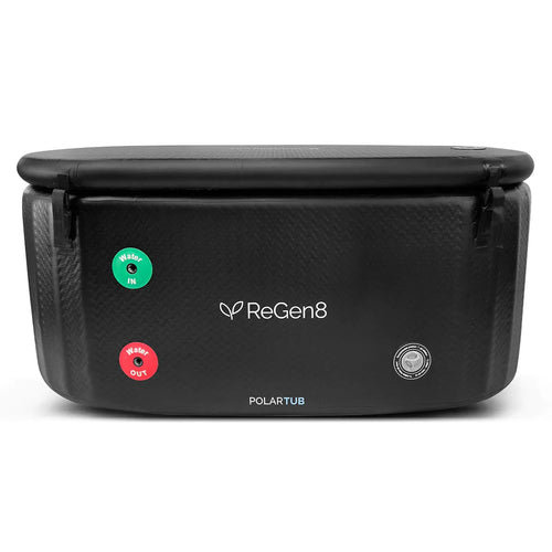 Cold Plunge Ice Bath from ReGen8 PolarTub featuring control buttons for water in and out.