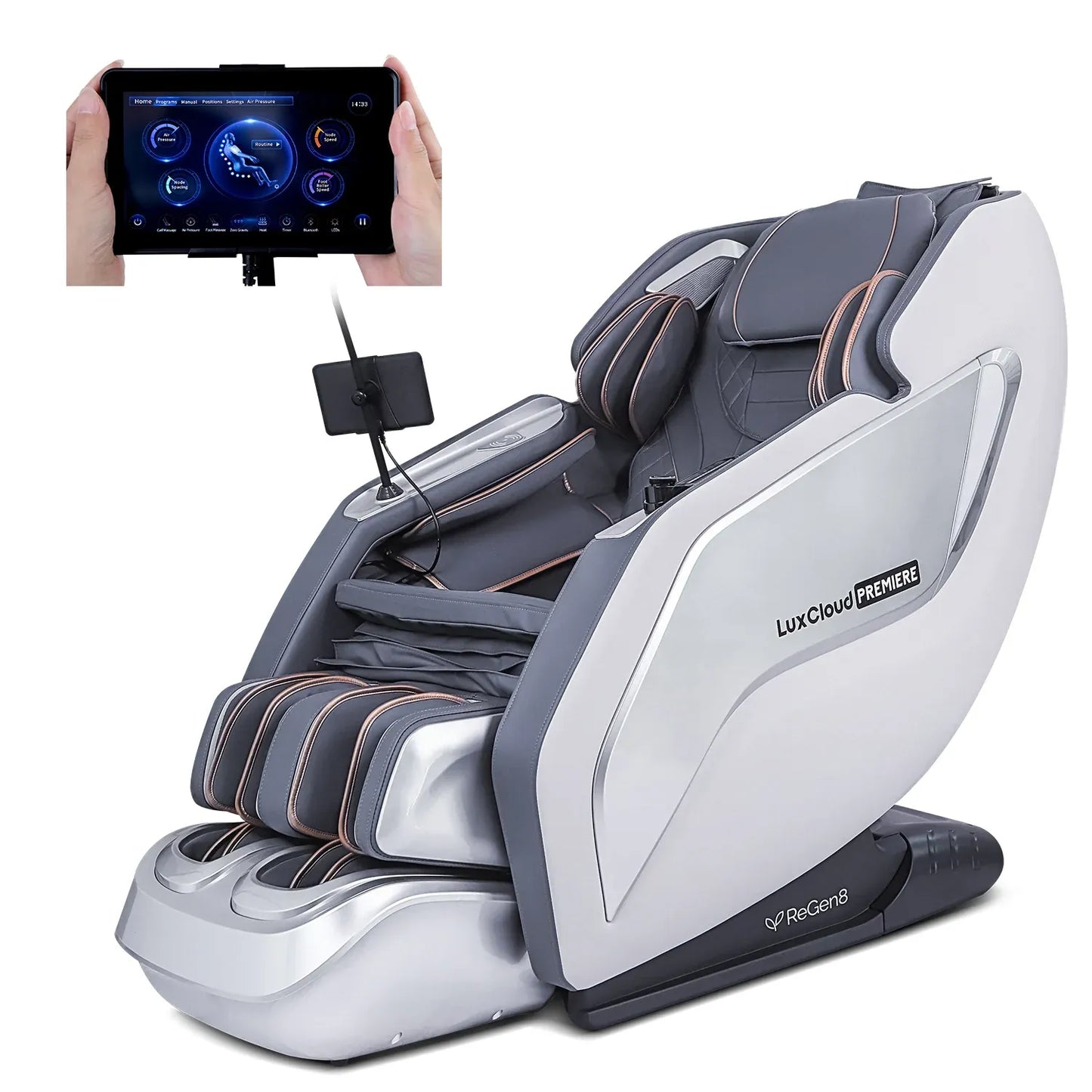 Massage Chair ReGen8 LuxCloud Premiere showcasing advanced features and tablet control for ultimate relaxation.
