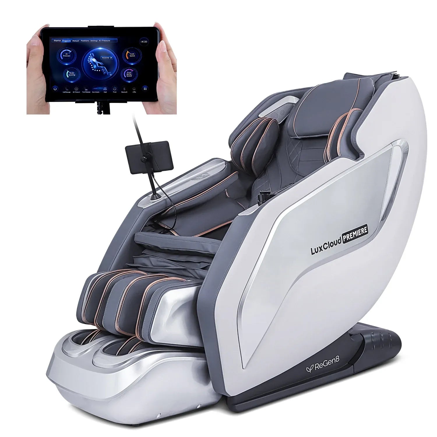 Massage Chair ReGen8 LuxCloud Premiere showcasing advanced features and tablet control for ultimate relaxation.