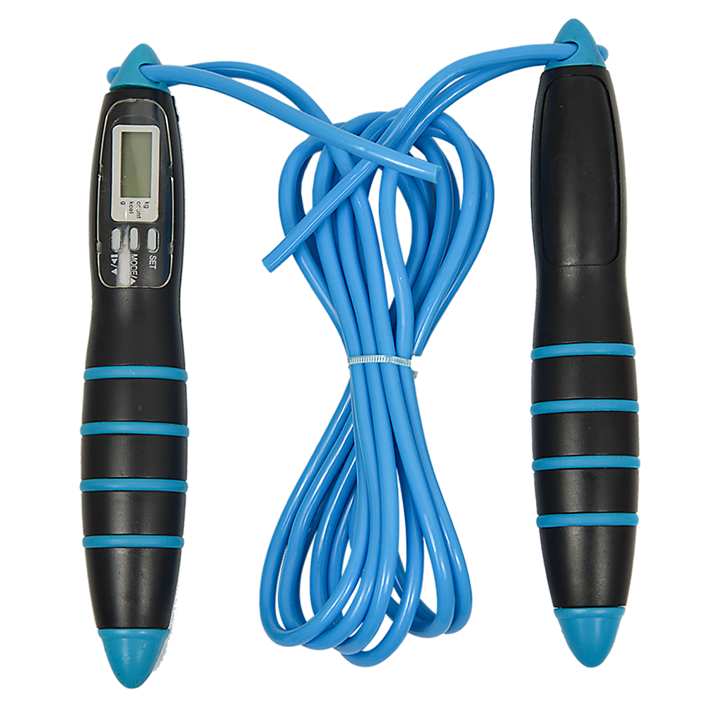 Adjustable blue and white skipping rope for home workouts