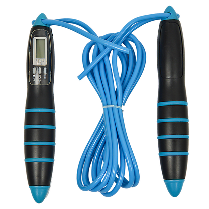 Adjustable blue and white skipping rope for home workouts