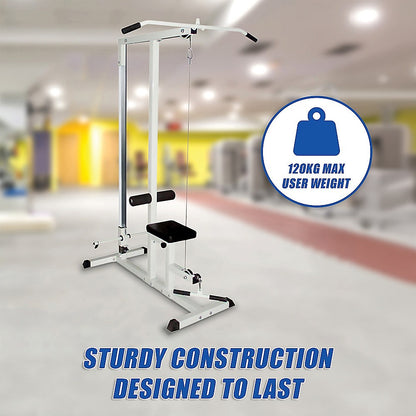 Home Fitness Multi Gym Lat Pull Down Machine in a gym setting, featuring sturdy construction and 120kg max user weight capacity.