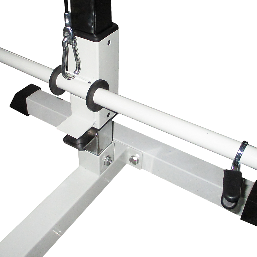 Close-up of Home Fitness Multi Gym Lat Pull Down Machine's metal frame and latch mechanism.