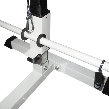 Close-up of Home Fitness Multi Gym Lat Pull Down Machine's metal frame and latch mechanism.