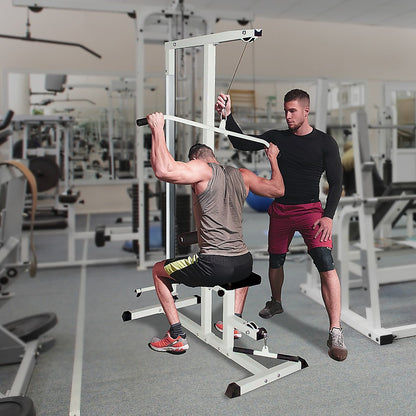 Man using Home Fitness Multi Gym Lat Pull Down Machine with trainer in gym setting, focusing on upper body strength workout.