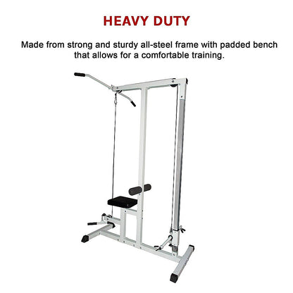 Home Fitness Multi Gym Lat Pull Down Machine with all-steel frame and padded bench for rigorous training.
