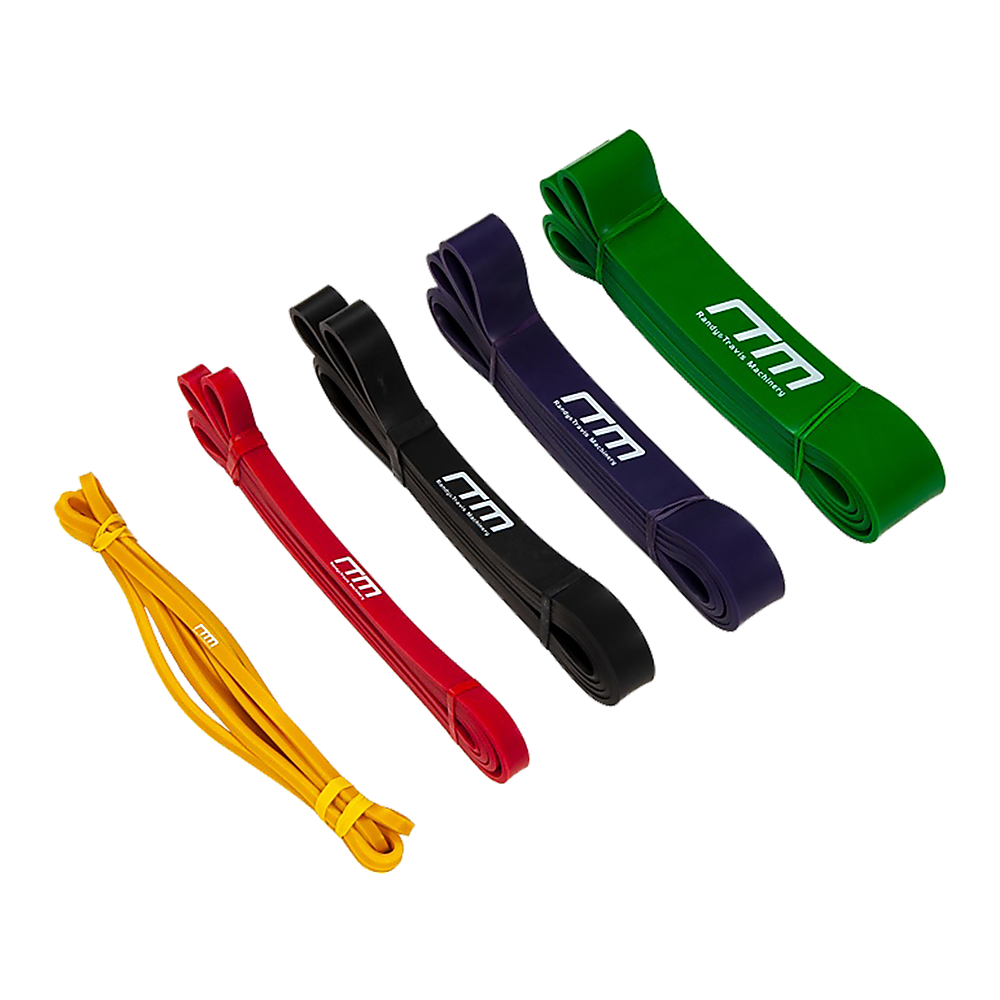 Resistance Band Set of 5 Heavy Duty Loop Bands in various colors including yellow, red, black, purple, and green.