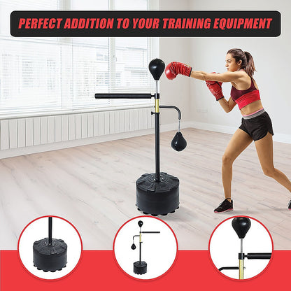 Woman training with Free Standing Punching Bag with Reflex Speedball in a gym setting