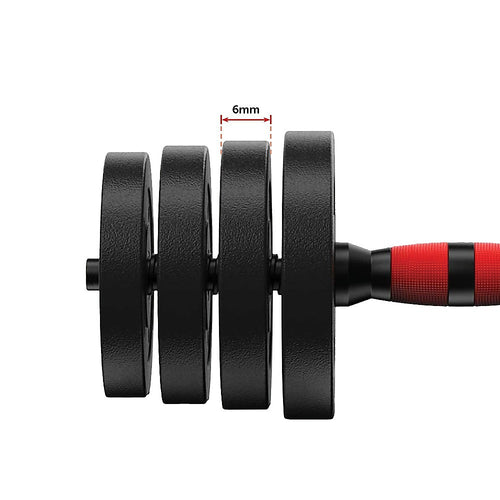 Adjustable Dumbbell Set featuring four weight plates and a red grip handle for home gym workouts.