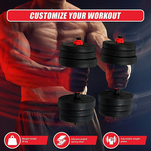 Adjustable Dumbbell Set showcasing 20 kg weights for customizable workouts in a home gym setting.
