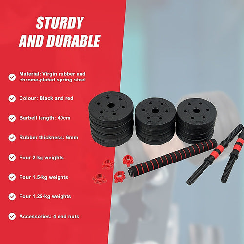 Adjustable Dumbbell Set 20kg components showcasing sturdy weights and accessories in black and red.