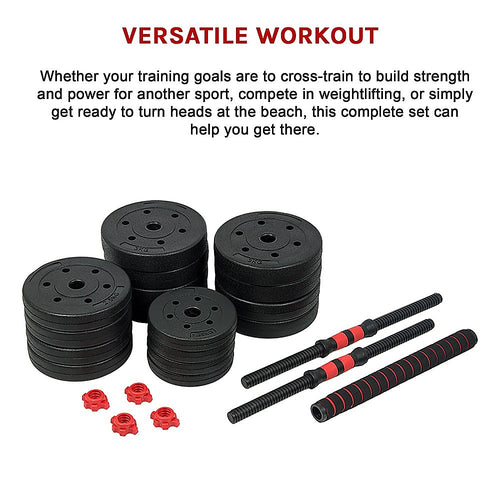 Adjustable Dumbbell Set includes various weight plates and bars for versatile home workouts.