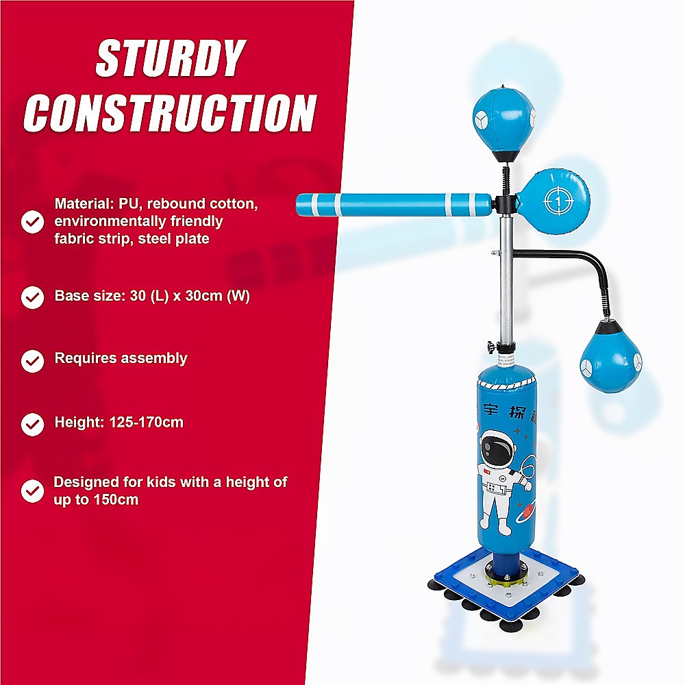 Kids Boxing Punching Bag Fitness set with durable construction, adjustable height, and astronaut design for children up to 150cm.