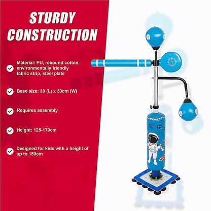 Kids Boxing Punching Bag Fitness set with durable construction, adjustable height, and astronaut design for children up to 150cm.