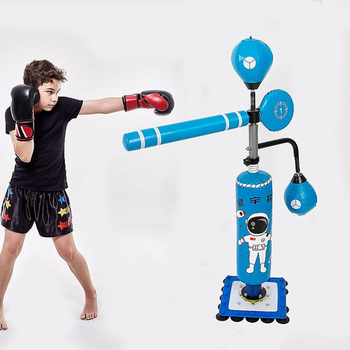 Child practicing with Kids Boxing Punching Bag Fitness set featuring blue punching bag and gloves.