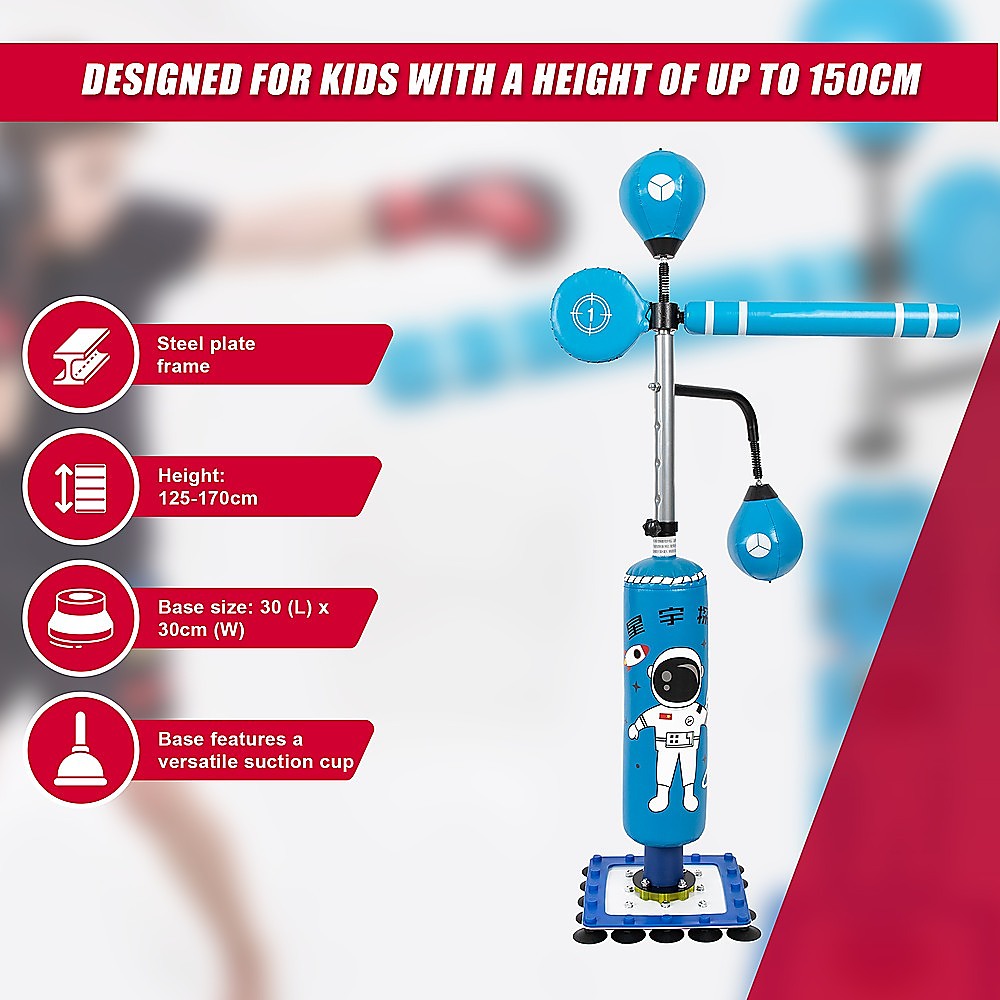 Kids Boxing Punching Bag  Fitness set with height adjustable stand, steel plate frame, and versatile suction base, ideal for children.