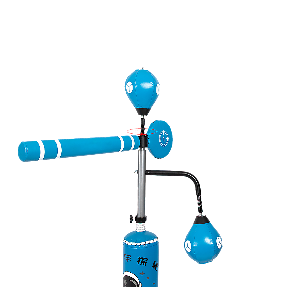 Kids Boxing Punching Bag Fitness equipment with blue punching bags and adjustable stand.