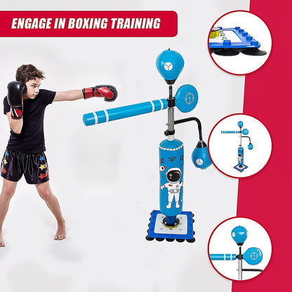 Young boy practicing with Kids Boxing Punching Bag Fitness equipment for training and exercise.