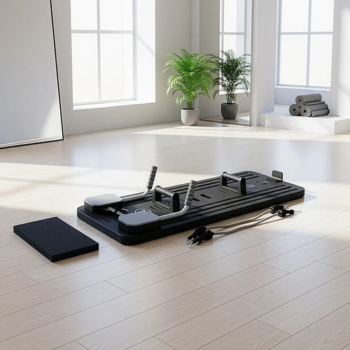 Abdominal Board Pilates Reformer displayed in a bright, spacious workout area with indoor plants.