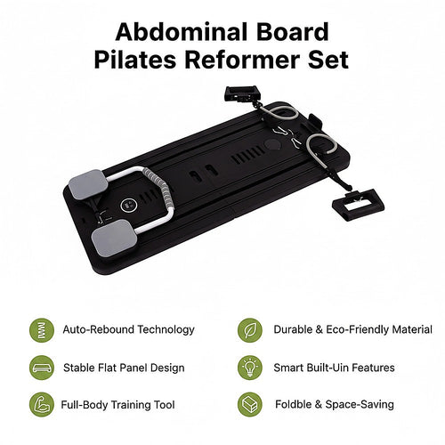 Abdominal Board Pilates Reformer showcasing features like auto-rebound technology and full-body training tool.