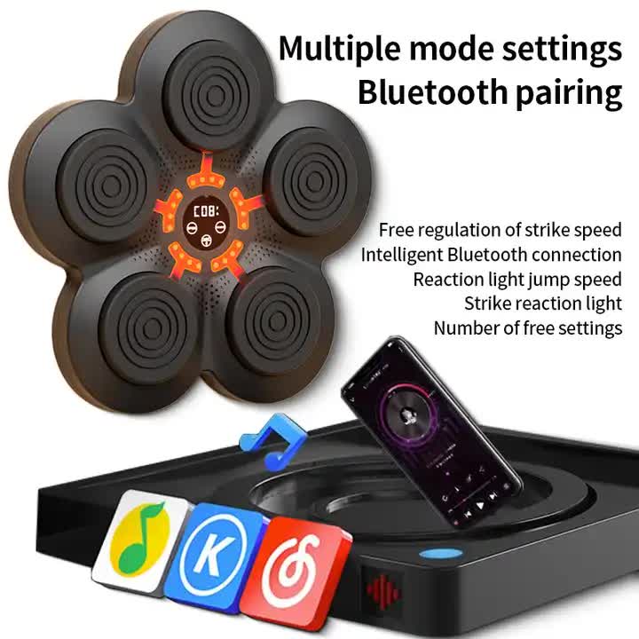 Smart Boxing Training Pad LED Wall Target with Bluetooth and multiple mode settings shown with phone and speed control features.