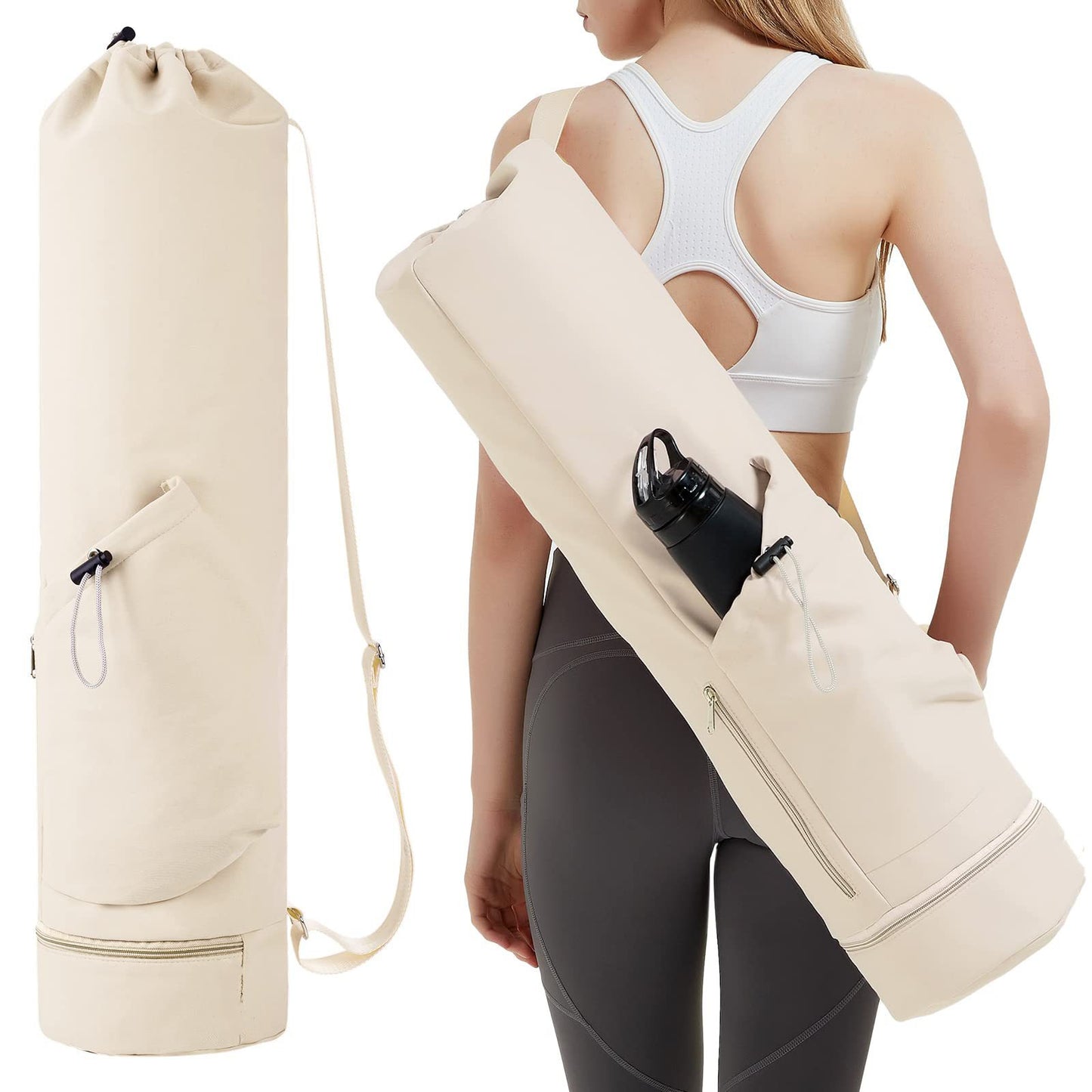 Off white yoga mat carry bag with wet pocket