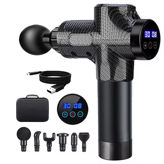 Percussion Massage Gun with digital display, various attachments, and charging cable for deep tissue muscle therapy.