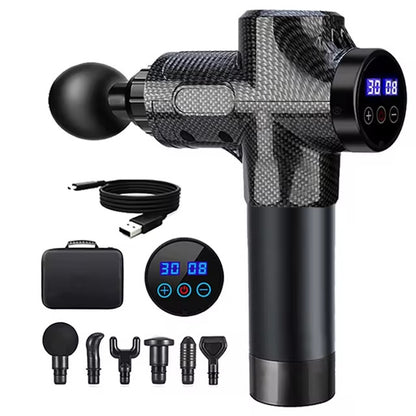 Percussion Massage Gun with digital display, various attachments, and charging cable for deep tissue muscle therapy.