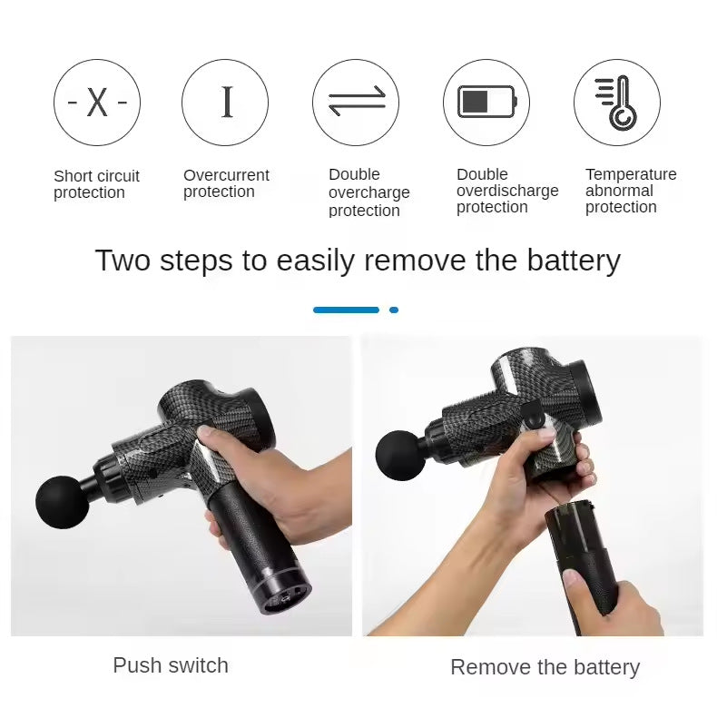 Percussion Massage Gun battery removal steps, showcasing push switch and battery removal for easy maintenance.