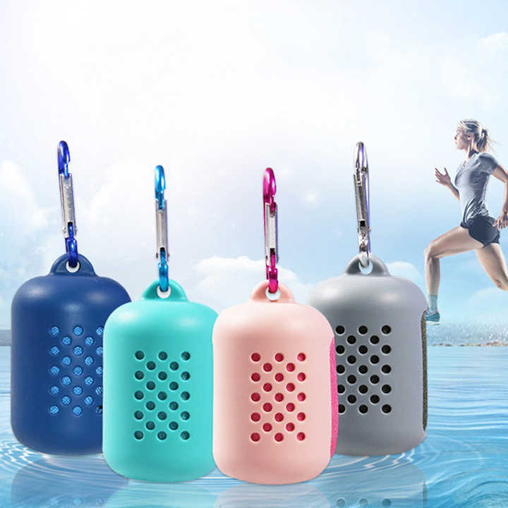 Portable blue cooling towels with silicone cases