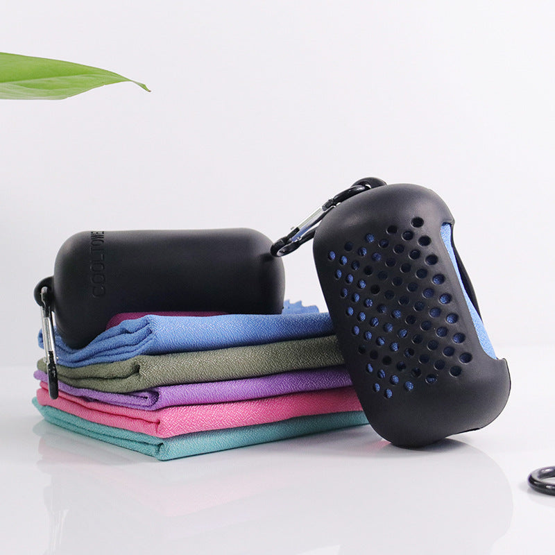 Portable purple cooling towels with silicone cases