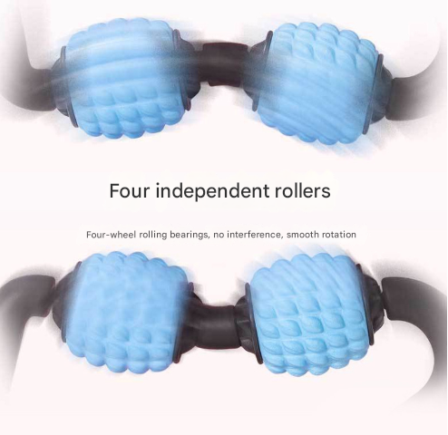 Foam roller leg massager with four independent rollers for smooth rotation and effective muscle recovery.