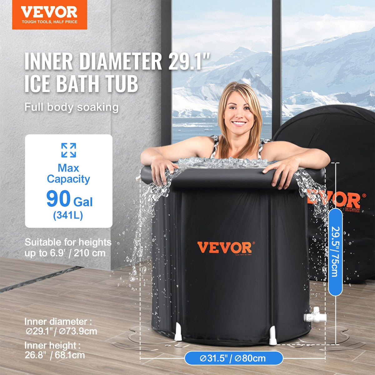 Ice bath tub with full body soaking design, suitable for recovery and muscle relief, holding up to 90 gallons (341L).